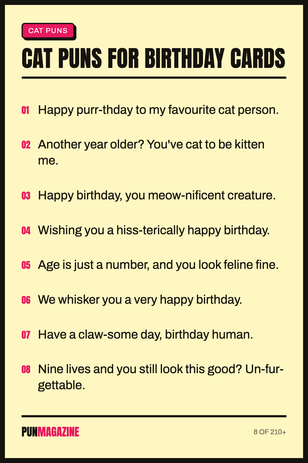 Cat puns for birthday cards - a shareable card of hand-picked puns from PunMagazine