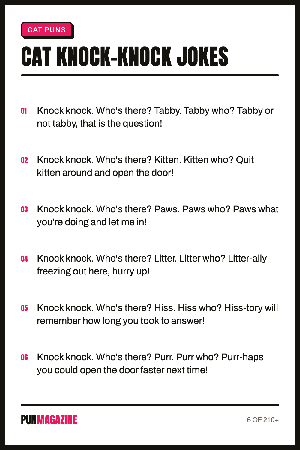 Cat knock-knock jokes - a shareable card of hand-picked puns from PunMagazine