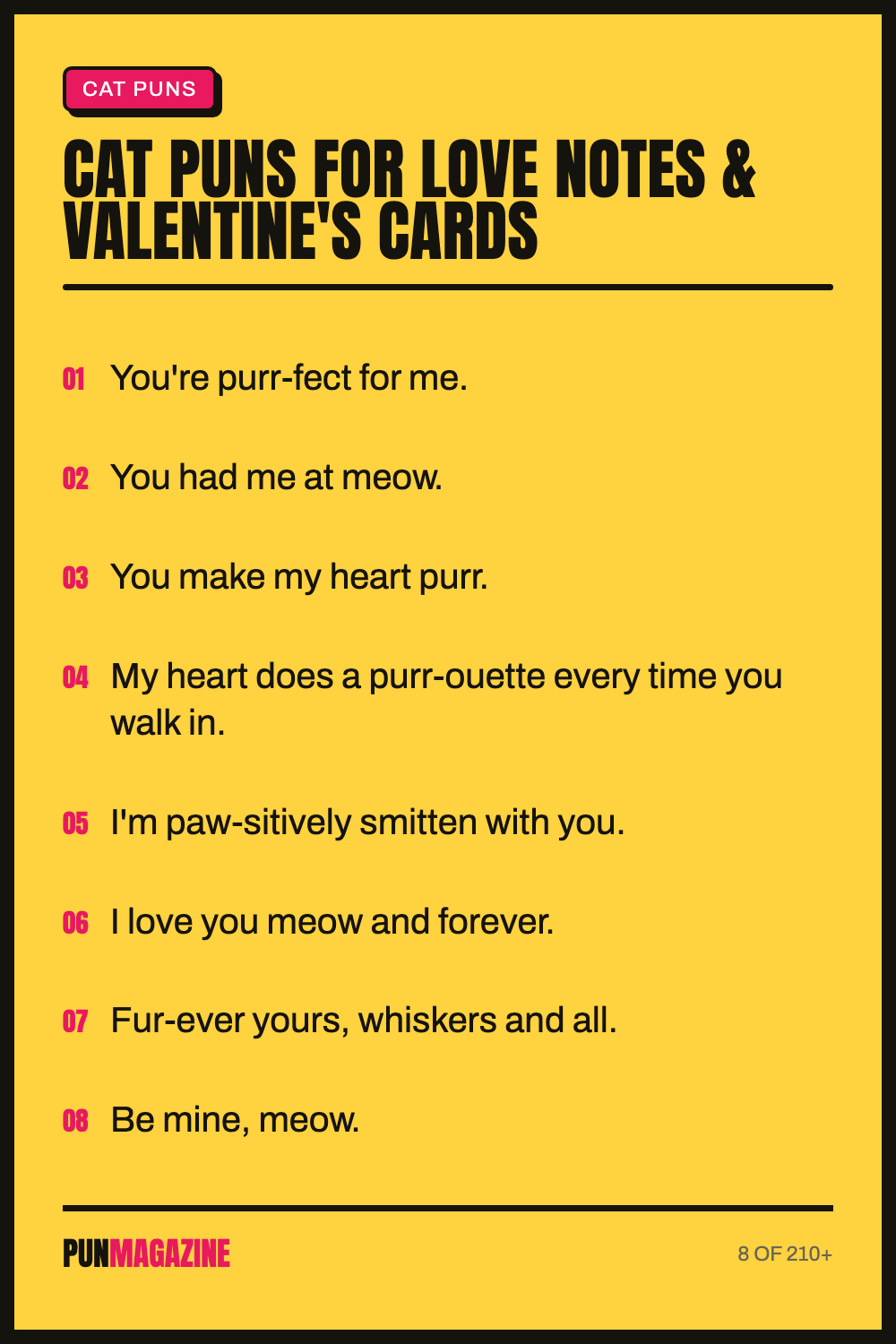 Cat puns for love notes & Valentine's cards - a shareable card of hand-picked puns from PunMagazine