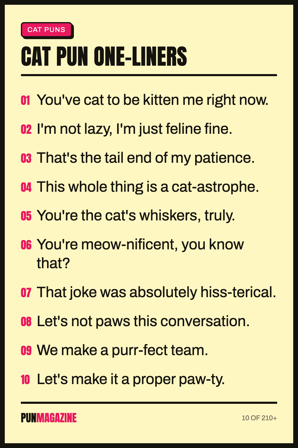 Cat pun one-liners - a shareable card of hand-picked puns from PunMagazine