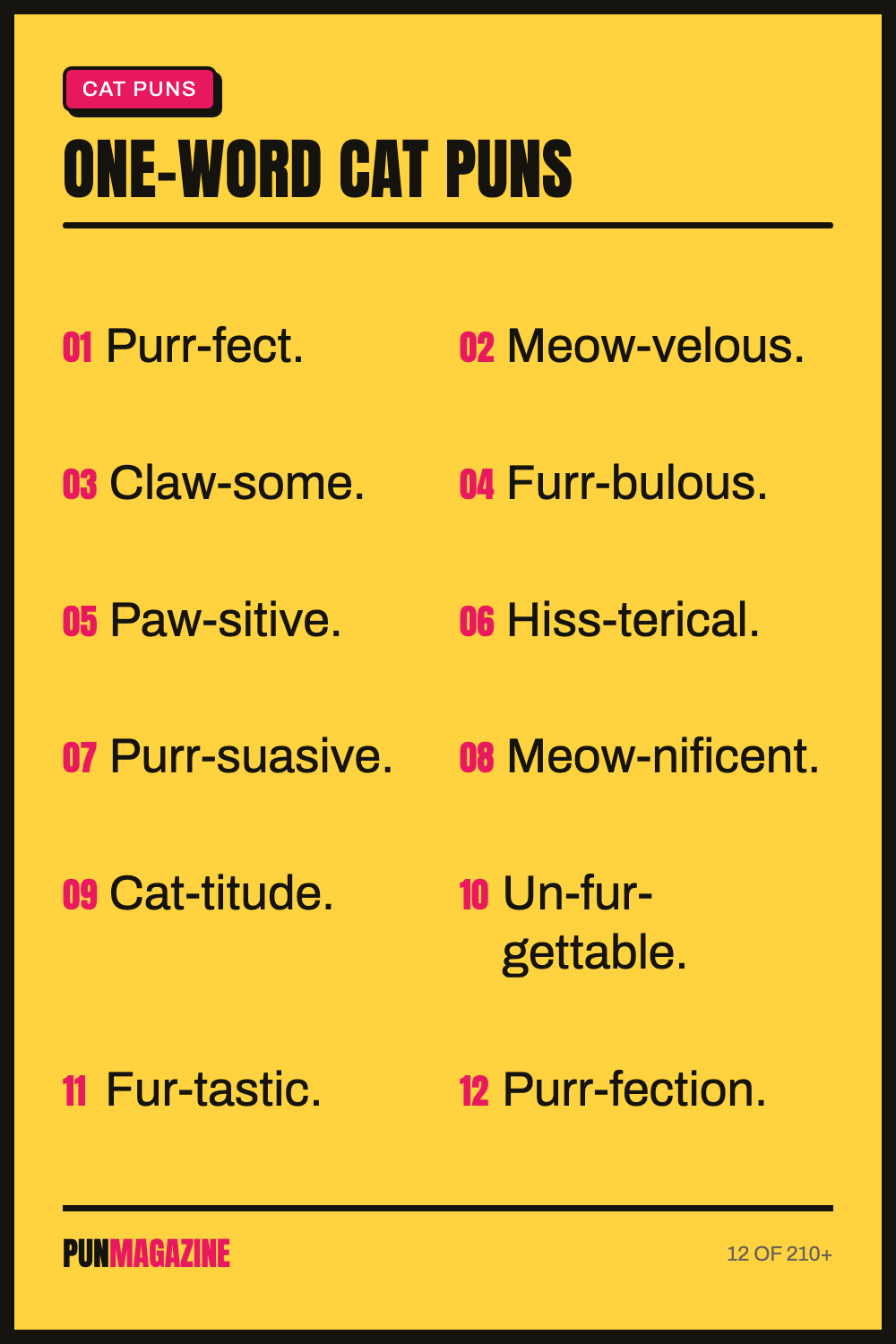 One-word cat puns - a shareable card of hand-picked puns from PunMagazine